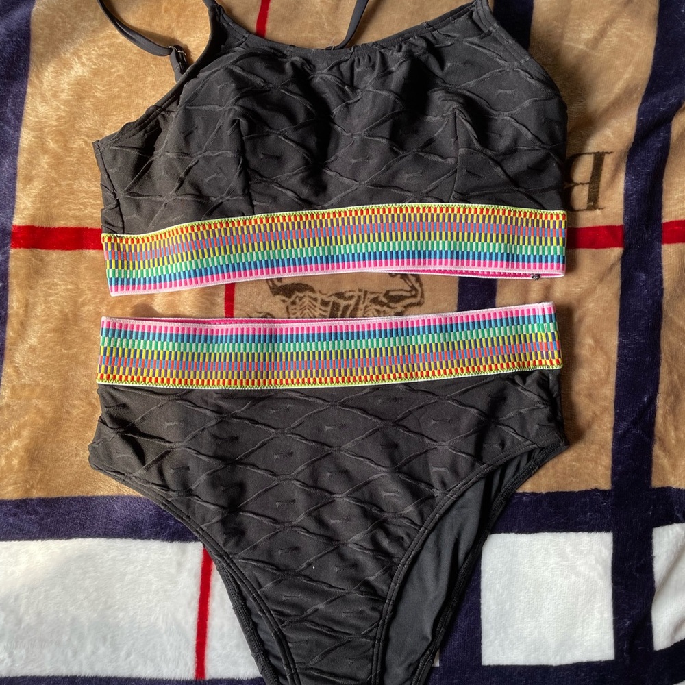 Cupshe Black Bikini with Colorful Stripes